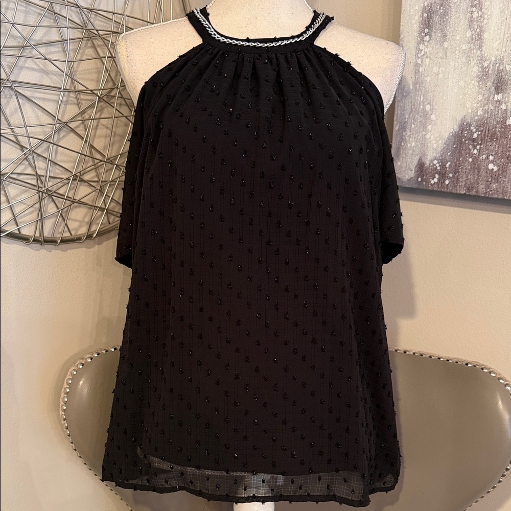 Black Cold-Shoulder Beaded Halter Top with chain link size large